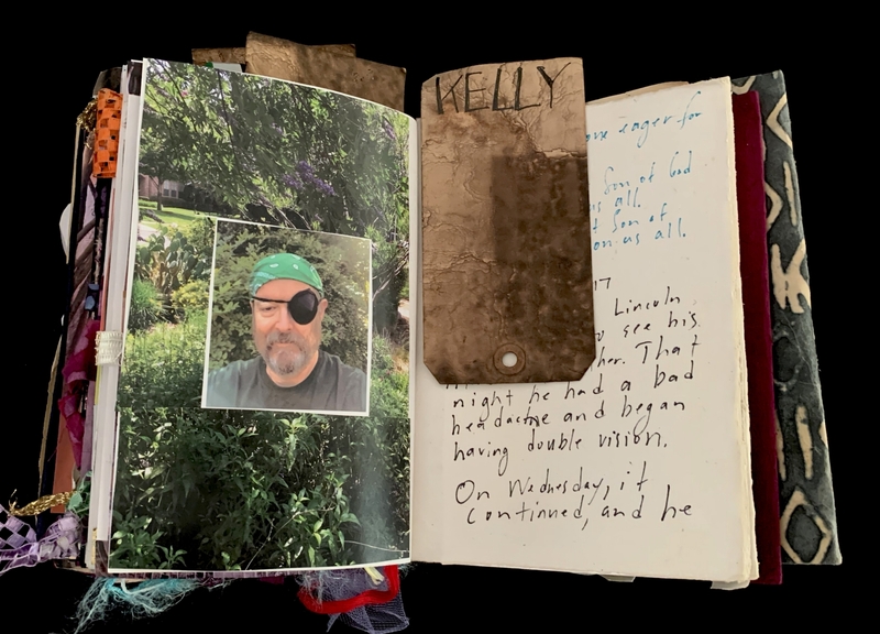A scrapbook page featuring a photograph of a man with an eye patch and handwritten notes.