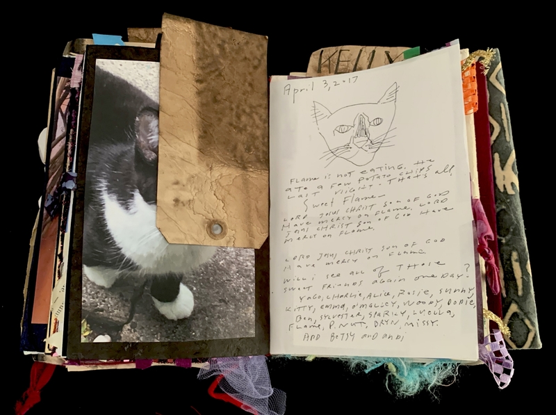 A scrapbook page featuring a photograph of a black and white cat, a handwritten note, and decorative elements.