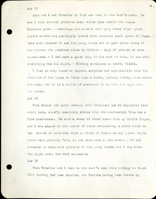 Frank H. Shoemaker typescript, 32 pages, detailing bird sightings, field trips, photography, and associated activities in Omaha, Nebraska.