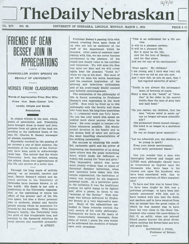 A Daily Nebraskan article that talks about how Charles E. Bessey's death was greatly mourned by the University of Nebraska-Lincoln.