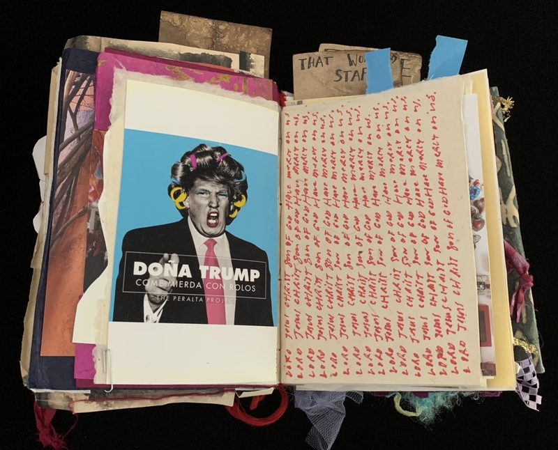 A collage-style scrapbook page featuring a photograph of Donald Trump with curlers in his hair, alongside handwritten text and various decorative elements.