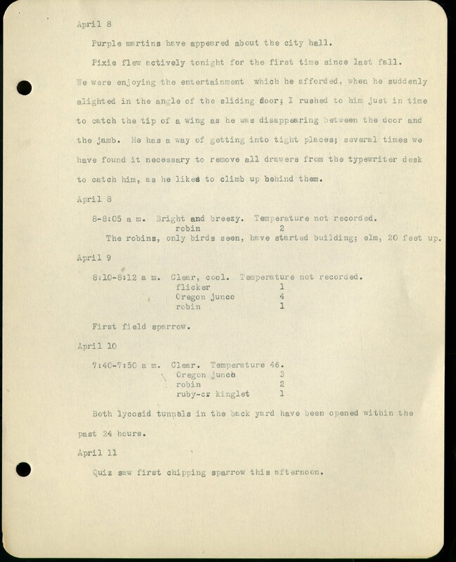Frank H. Shoemaker typescript, 11 pages, on birds living in bird room in Omaha home with a list of birds in general Omaha region.