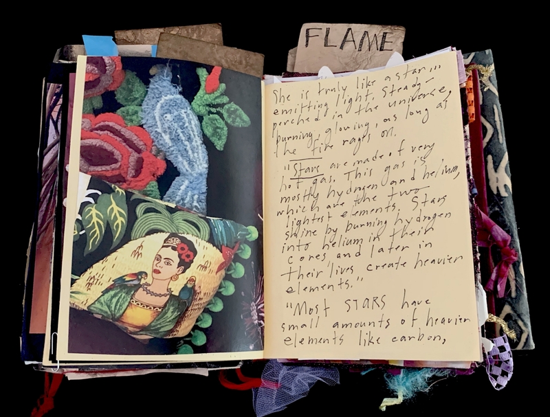 A scrapbook page featuring a colorful illustration of a bird and flowers, alongside handwritten notes about stars and their composition.