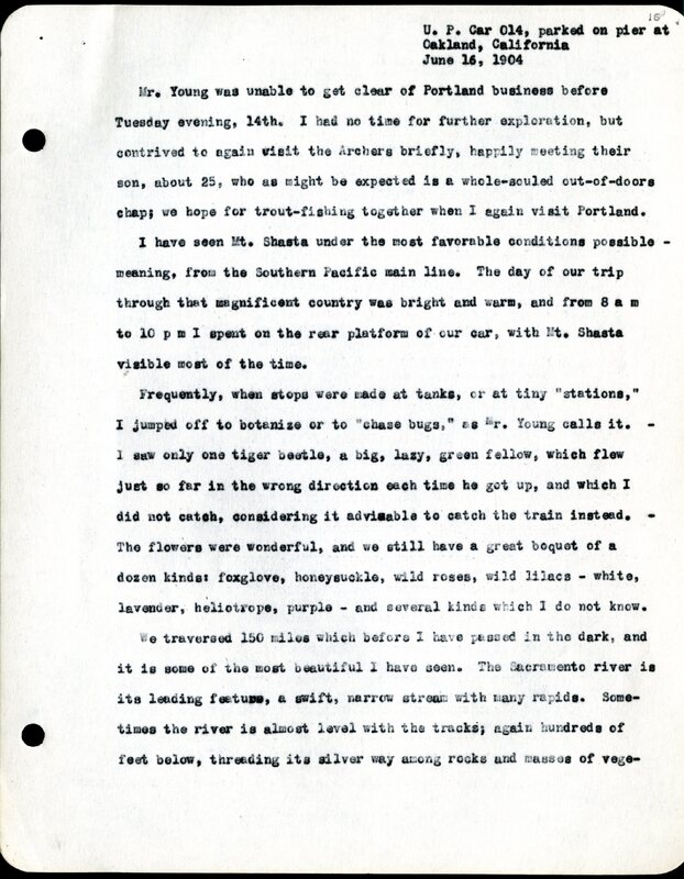 Frank H. Shoemaker typescript, 19 pages, noted on front page as "Have selected from my pocket day-dooks items pertaining to my leisure activities while on trips as private secretary to General Auditor of U.P.-S.P. and affiliates."
