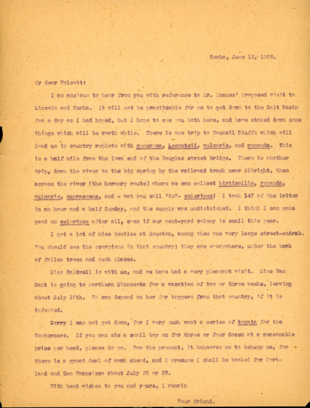 Typewritten letter, 1 page, from Frank H. Shoemaker to Robert H. Wolcott, "I am anxious to hear from you with references to Mr. Knuse' proposed visit to Lincoln and Omaha. It will not be practicable for me to get down to the Salt Basin for a day as I had hoped..."