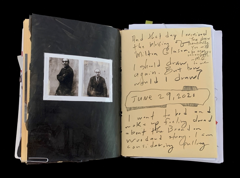 A journal page featuring a photograph of a man, a handwritten note, and a doodle.