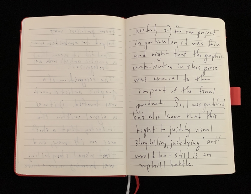 Open notebook with handwritten text on right page and mirrored text on the left.
