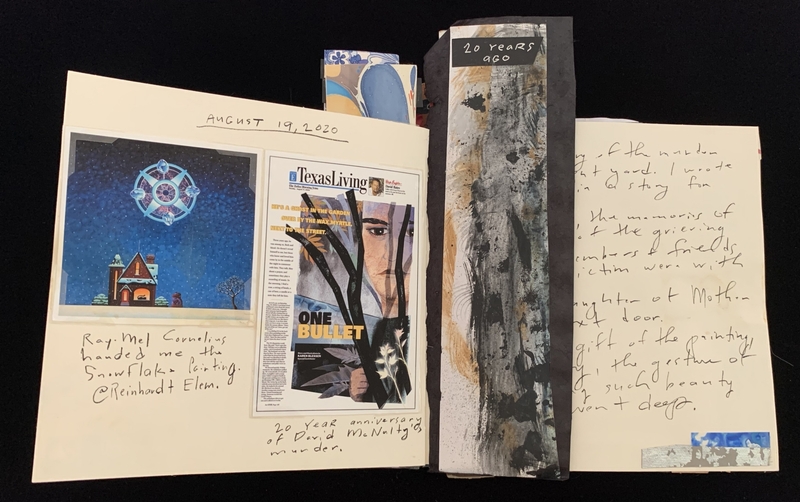 An open scrapbook with an illustration, magazine clipping, abstract art, and handwritten text.
