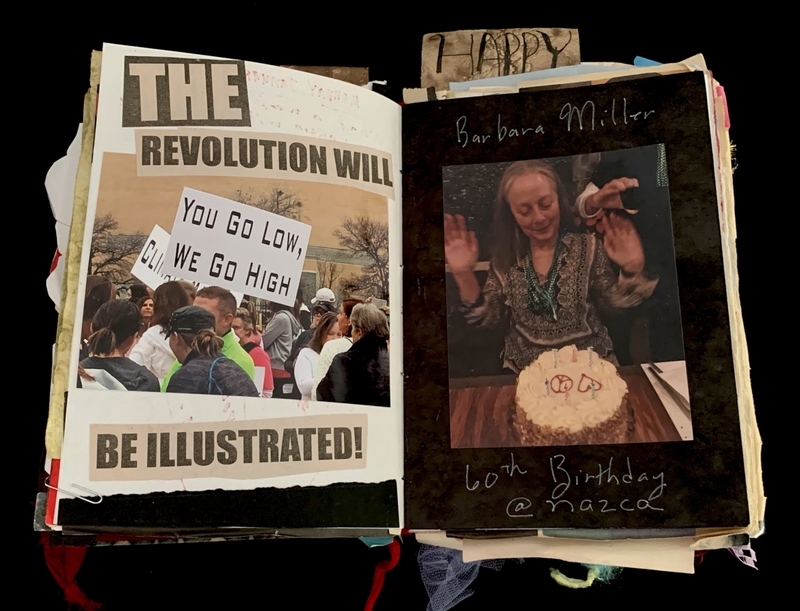 A collage page featuring a protest sign and a photograph of a person celebrating a 60th birthday.