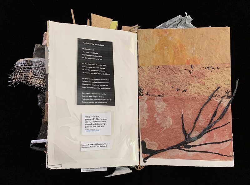 A mixed-media page featuring a poem by Kabir, a branch illustration, and a torn piece of paper.