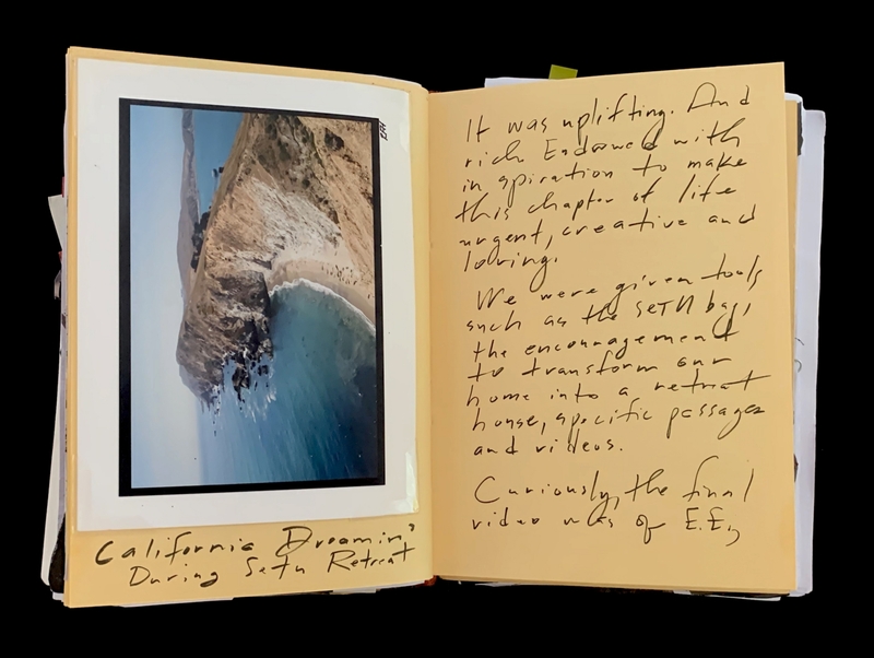 A Polaroid-style photograph of a coastal cliffside scene is paired with handwritten notes on a yellowed page, reflecting a reflective and inspirational narrative.