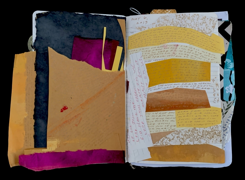 An open sketchbook with collaged papers in dark blue, magenta, orange, and yellow on the left; handwritten text on colorful paper strips on the right.