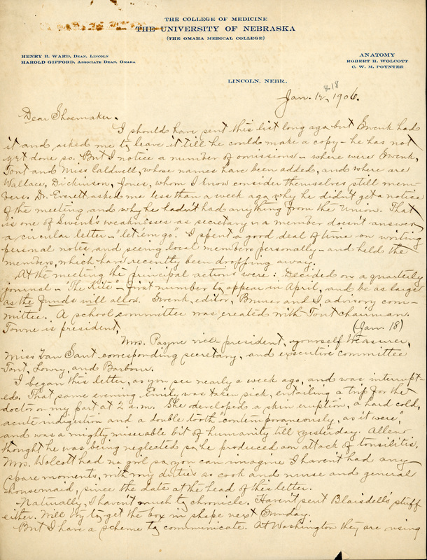 Handwritten letter, 2 pages, from Robert H. Wolcott to Frank H. Shoemaker, "I should have sent this list long ago but Swank had it and asked me..."