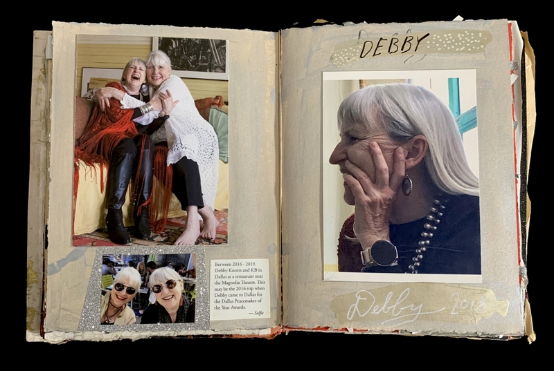 Open scrapbook with photos and handwritten notes featuring two women.