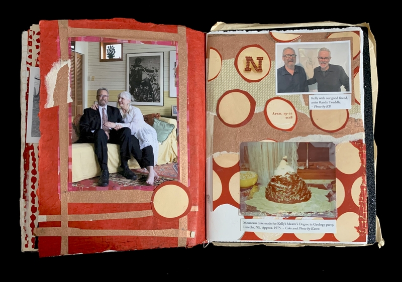 An open scrapbook with pages featuring photos of people, a cake, and decorative elements.