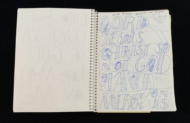 A handwritten page with religious phrases and doodles, dated November 3, 2020, labeled "Election Day."