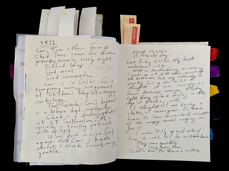 Open journal displaying handwritten text on two pages.