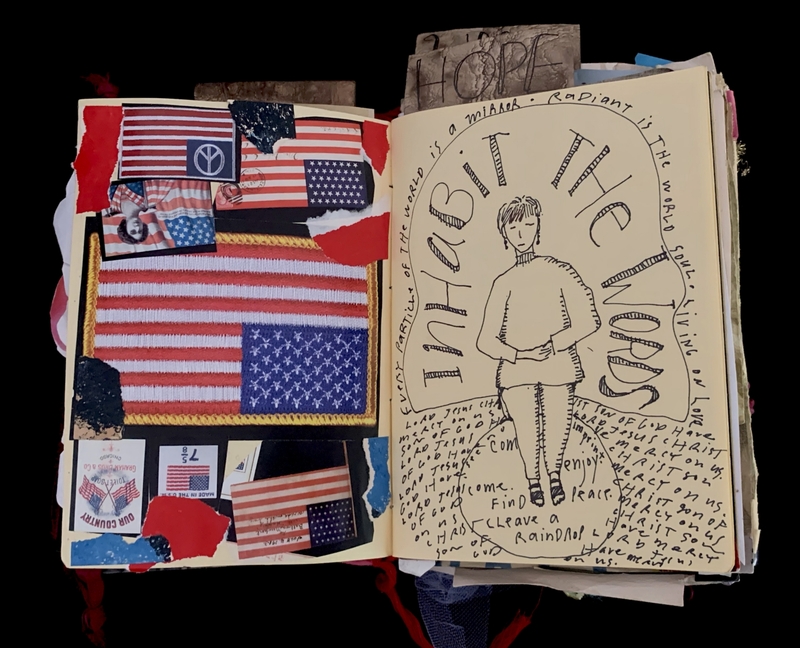 A mixed-media page featuring American flags, handwritten text, and a sketch of a person.