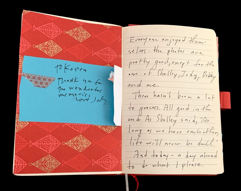 Open notebook with red geometric pattern and handwritten notes.