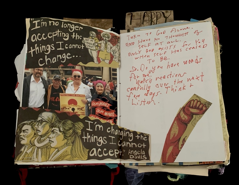 A collage of protest signs, handwritten notes, and illustrations, reflecting themes of activism and personal reflection.