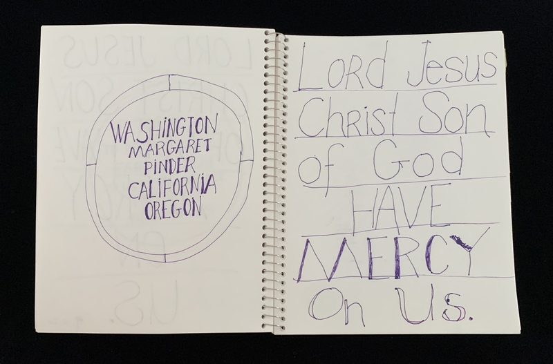 A handwritten page with a prayer and a list of locations.
