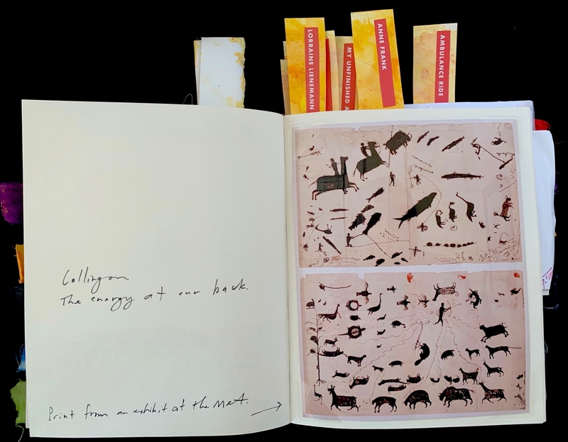 Open journal with handwritten notes on the left and sepia-toned animal artwork on the right.