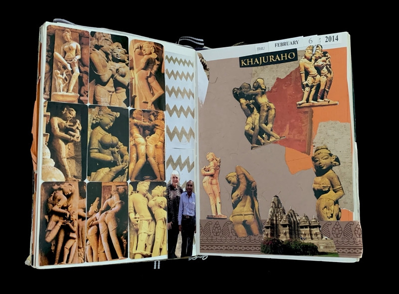 An open scrapbook displaying images and cutouts of Khajuraho sculptures and people.