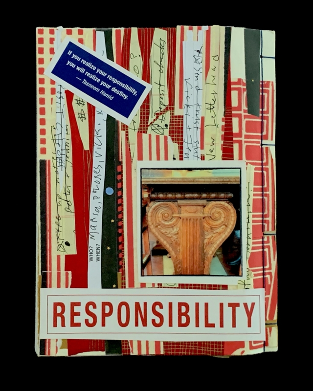 A collage with colorful strips, a quote, a column photo, and "RESPONSIBILITY" in bold red text.