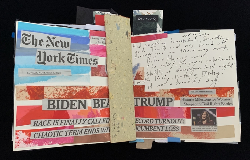 Collage with New York Times headline "Biden Beats Trump" from November 8, 2020, colorful paper strips, and a handwritten note.