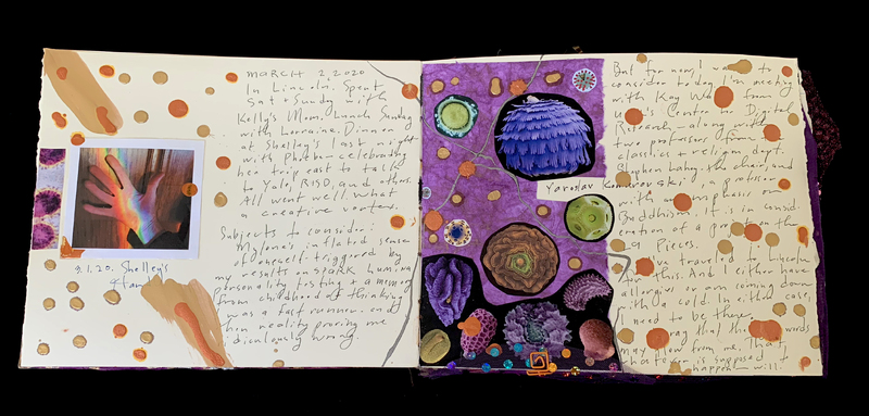 A mixed-media journal page featuring a photograph, handwritten notes, and colorful illustrations.