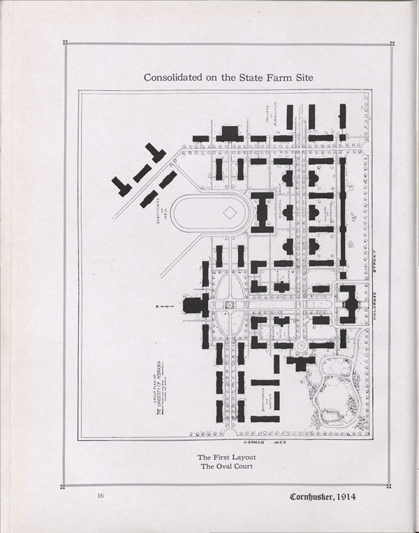 Taken from the 1914 Cornhusker, this layout depicts the first of two plans for campus consolidation at the University of Nebraska-Lincoln.