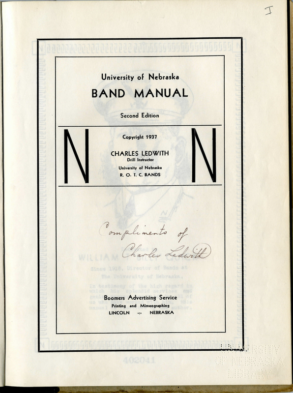 The cover page of Charles Ledwith's R.O.T.C. Band Manual for the freshman band at the University of Nebraska.