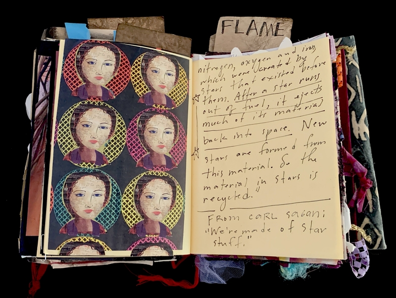 A page from a scrapbook or journal featuring a collage of faces and a handwritten note about star stuff.