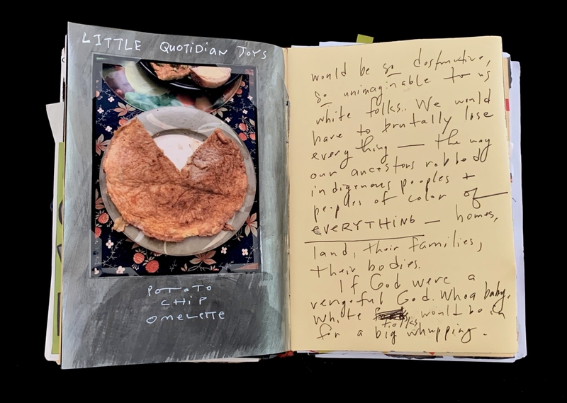 A handwritten page in a journal with a photograph of a potato chip omelette and accompanying text discussing the impact of loss on indigenous peoples and people of color.