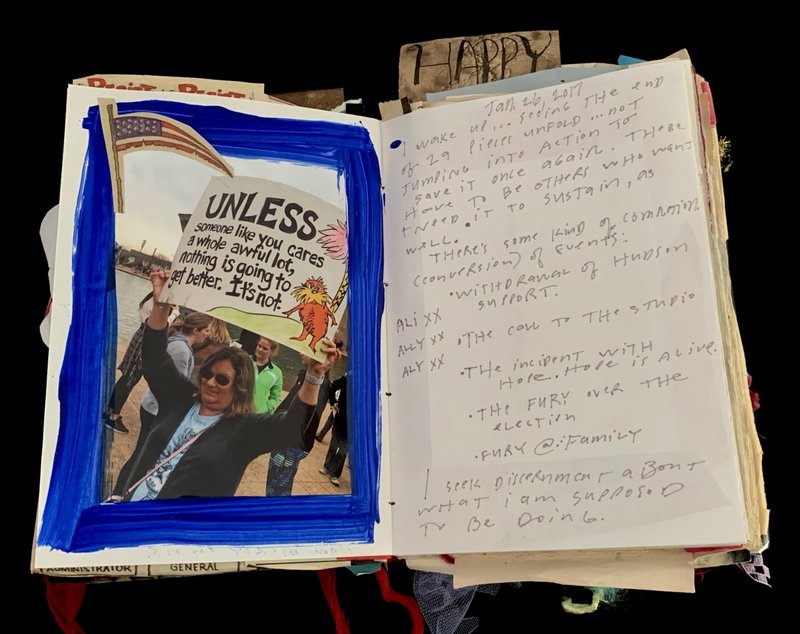 A mixed-media page featuring a protest photograph, a Dr. Seuss illustration, and handwritten notes.
