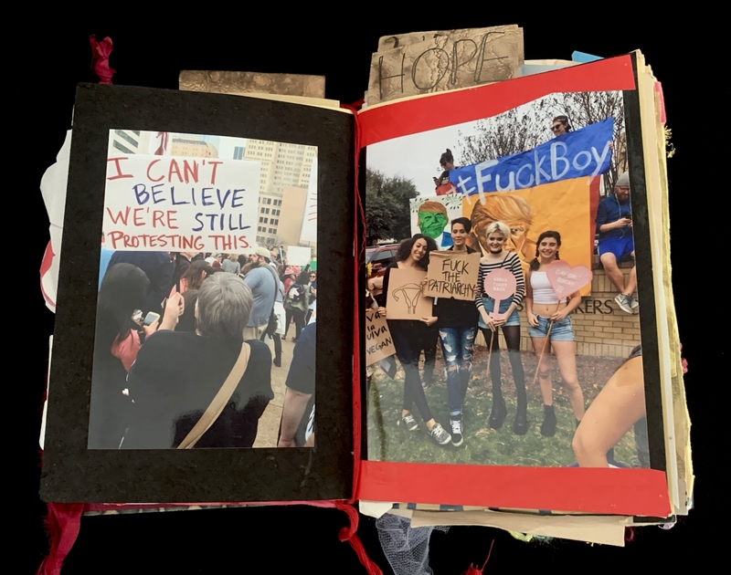 A collage of protest-related images, featuring signs and participants.