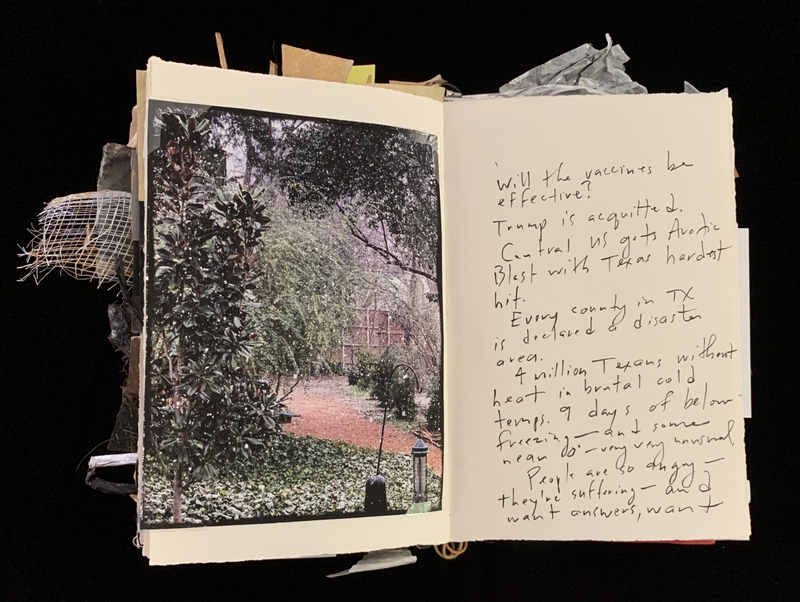 A handwritten page with a photograph of a garden and a list of concerns about the effectiveness of vaccines, the acquittal of Trump, and the impact of cold weather on Texas.