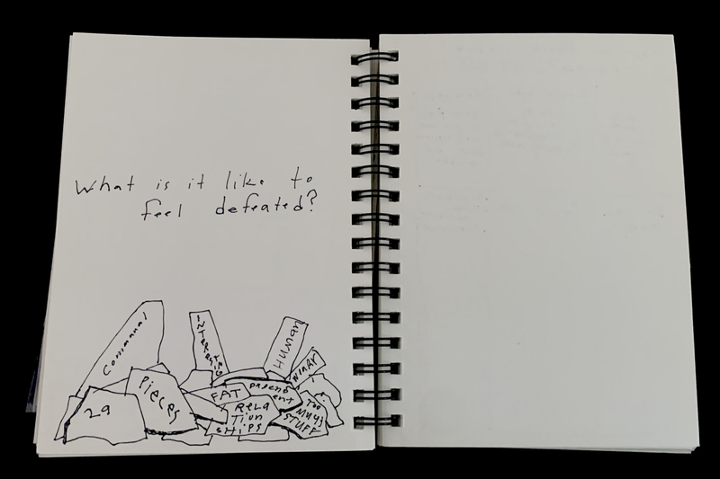 A sketchbook page with a question and fragmented doodles.