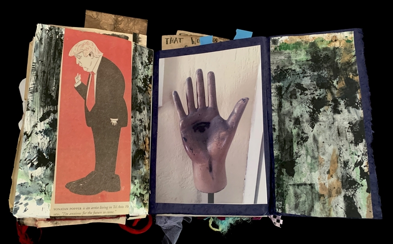 A mixed-media collage featuring a political caricature, a hand with an eye, and abstract textures.