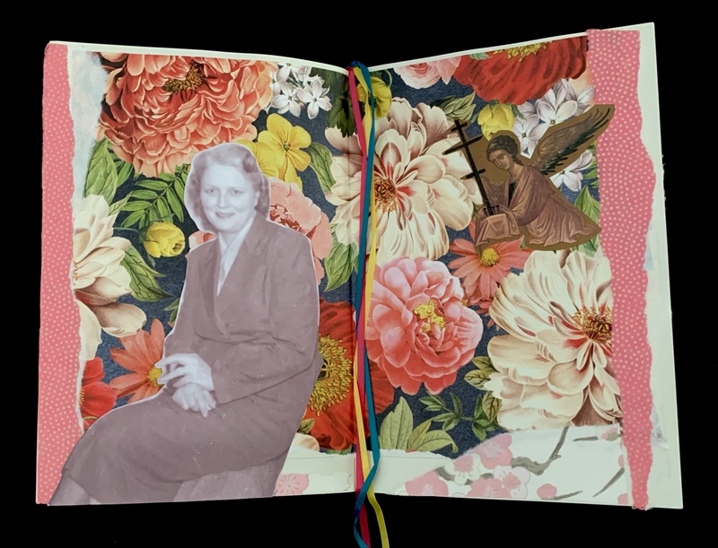 An open journal spread with a floral collage, featuring a grayscale photo of a person and an angel image.