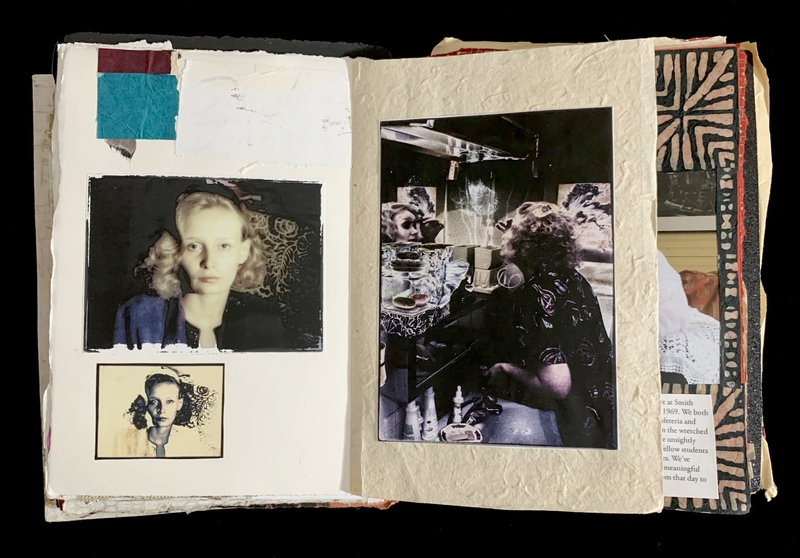 An open art journal with photographs of a woman and colored paper on textured pages.