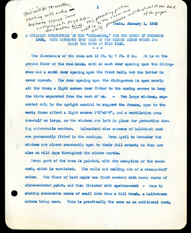 Frank H. Shoemaker typescript narrative, 29 pages,  on the bird room in Omaha home, with details on bird and insects.