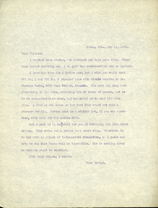 Typewritten letter, 1 page, from Frank H. Shoemaker to Robert H. Wolcott, "I reached home Monday, via Portland and Salt Lake City."