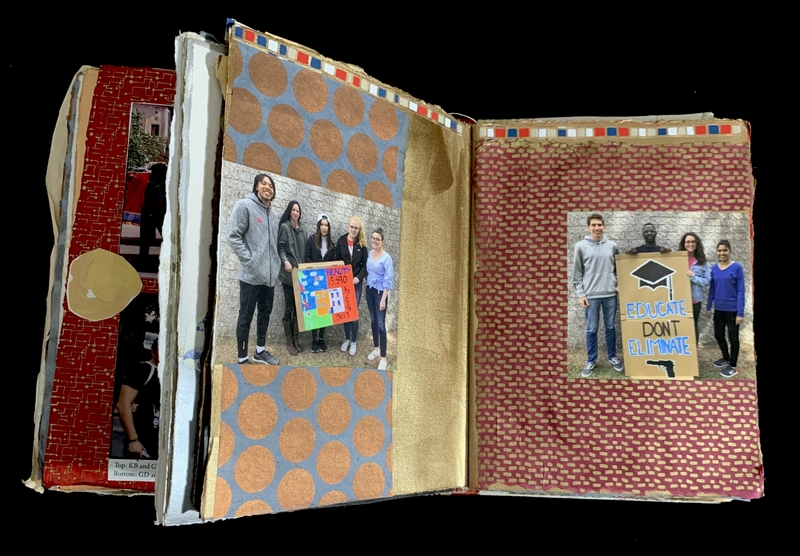 Open scrapbook with group photos and decorative backgrounds.