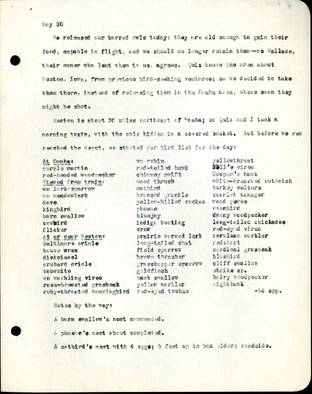 Frank H. Shoemaker typescript, 8 pages, detailing bird sightings, field trips, photography, and associated activities in Omaha, Nebraska.