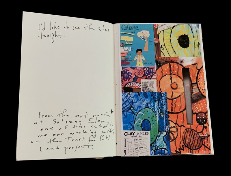 Open book with handwritten text on the left and a colorful collage on the right.