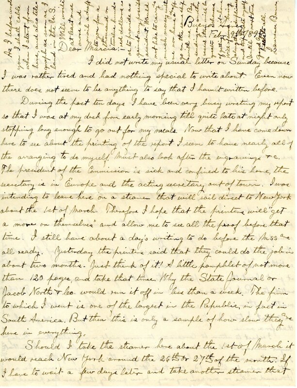 Handwritten 2 page letter from Lawrence Bruner to Marcia Bruner, "I did not write my usual letter on Sunday because I was rather tired and had nothing special to write about."