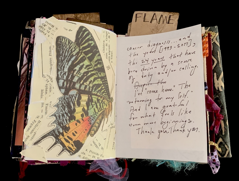 A scrapbook page featuring a butterfly illustration and handwritten text.