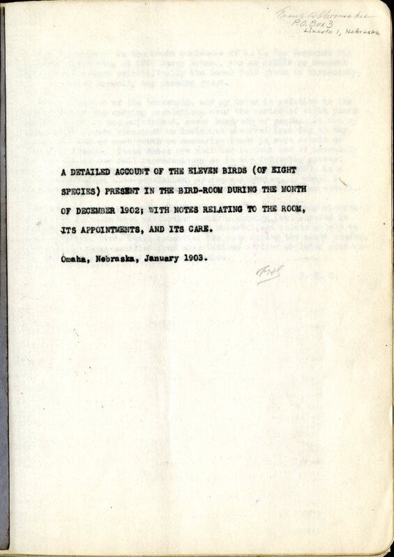 Frank H. Shoemaker typescript, 23 pages, on the bird-room in Omaha home