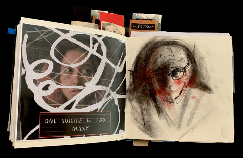 An open book with a photo on the left page and an expressive sketch on the right page.